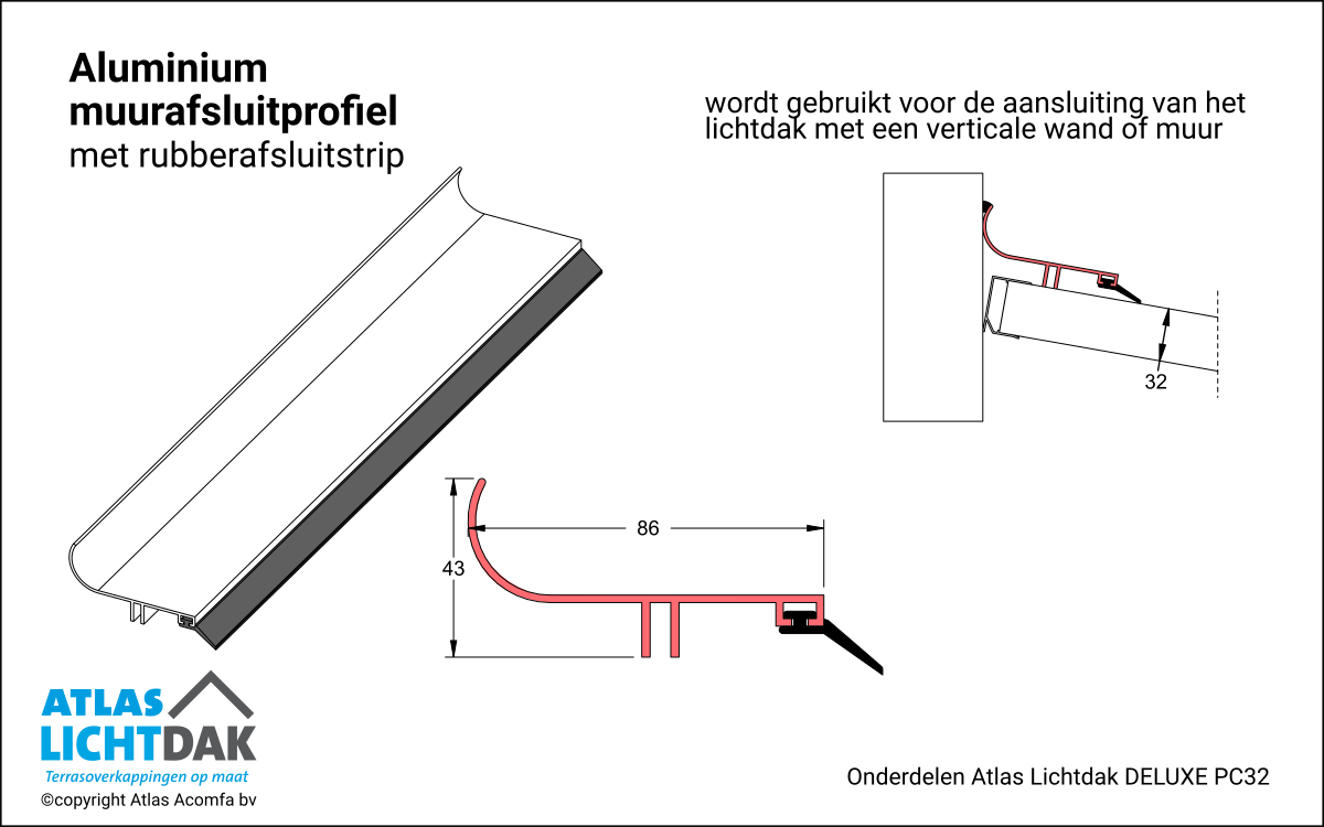 Muuraansluitprofiel 32mm Atlas Lichtdak Deluxe