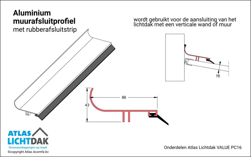 Muurafsluitprofiel 16mm Atlas Lichtdak Value