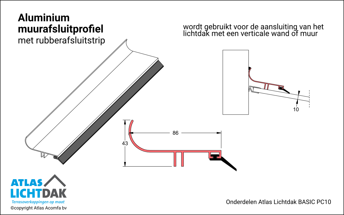 Muurafsluitprofiel 10mm Atlas Lichtdak Basic