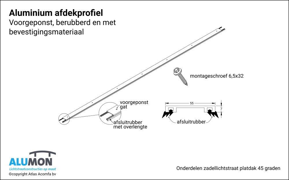 Alumon zadellichtstraat platdak afdekprofiel 10mm 1