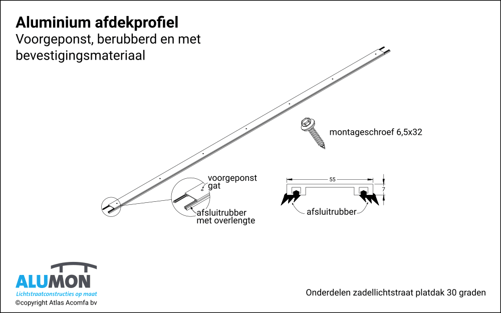 Alumon zadellichtstraat platdak afdekprofiel 10mm