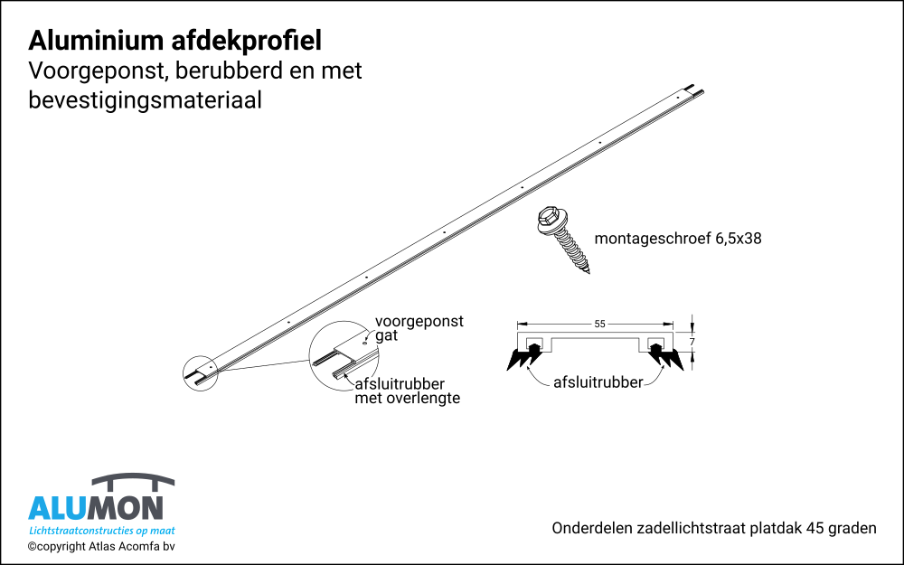 Alumon Zadellichtstraat Platdak Afdekprofiel 16mm