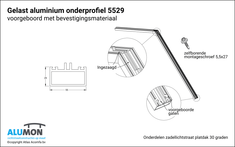 Alumon zadellichtstraat platdak onderprofiel