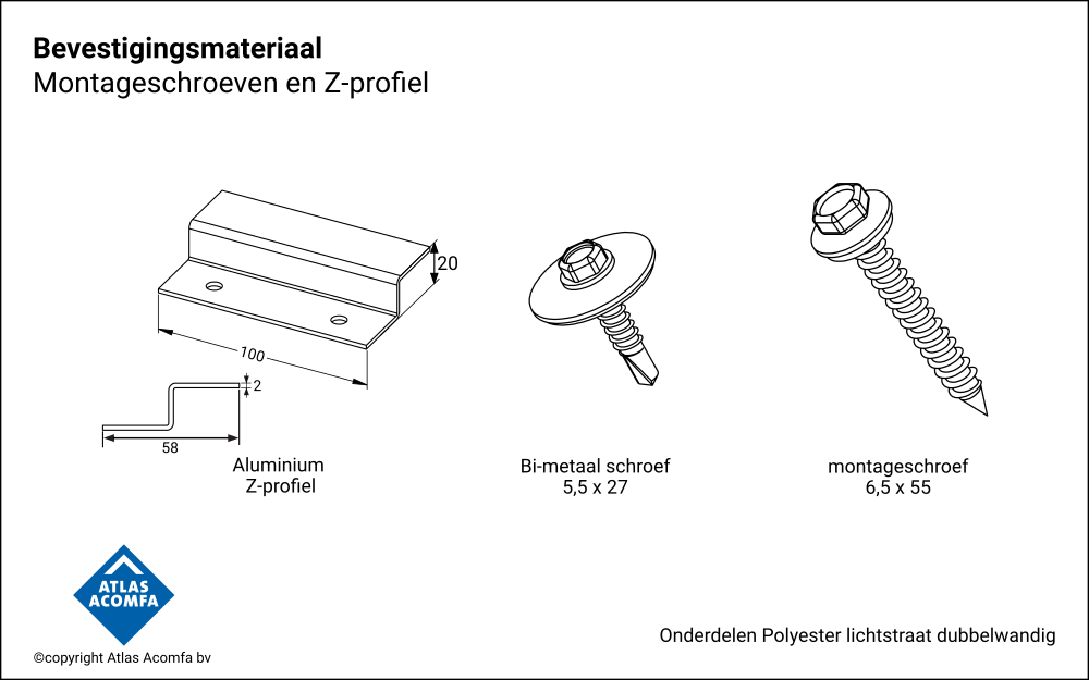 Polyester lichtstraat dubbelwandig bevestigingsmateriaal